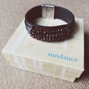 Sundance Leather Bracelet with Hand Stitched Faceted Garnets